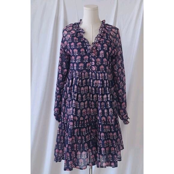 Megan Lane Dresses & Skirts - Megan Lane Navy Pink Floral Block Print Tiered A-Line Dress Cotton Small